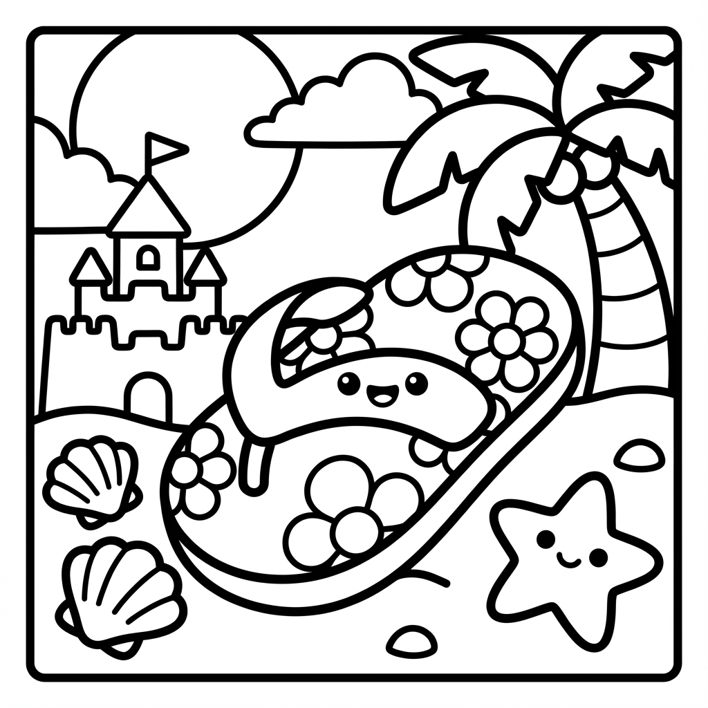 Cute flip flops on the beach, designed as beginner coloring pages with simple thick line art.